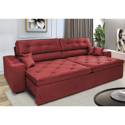Sofá Sem Caixa Retrátil Reclinável 2,55m Cama inBox Versátil com Pillow Top e Molas Velusoft Vermelho