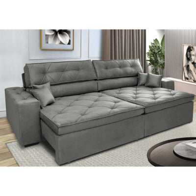 Sofá Retrátil e Reclinável 3,15m Molas Ensacadas Cama inBox Spazus com Bordado 3D Velusoft Cinza