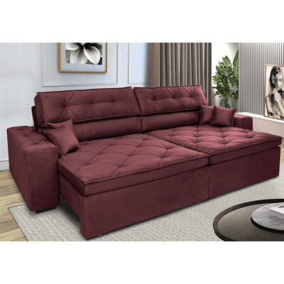 Sofá Retrátil e Reclinável 3,15m Molas Ensacadas Cama inBox Spazus com Bordado 3D Velusoft Vinho