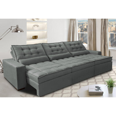 Sofá Retrátil e Reclinável 3,55m Molas Ensacadas Cama inBox Big Space com Bordado 3D Velusoft Cinza