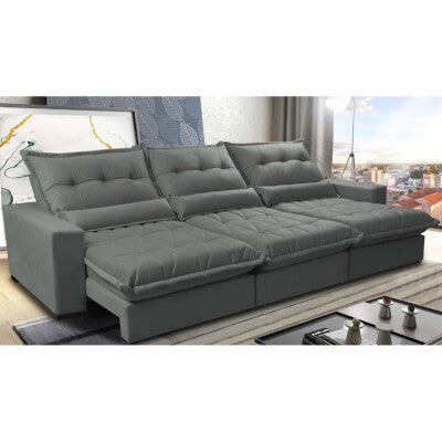 Sofá Retrátil e Reclinável 3,55m Molas Ensacadas Cama inBox Big Space com Bordado 3D Velusoft Cinza