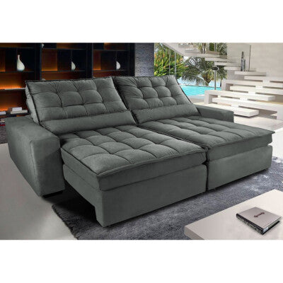 Sofá Retrátil e Reclinável 3,15m Molas Ensacadas Cama inBox Spazus com Bordado 3D Velusoft Cinza