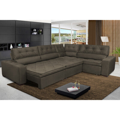 Sofa de Canto Retrátil e Reclinável com Molas Cama inBox Austin 2,50m x 2,50m Suede Velusoft Café