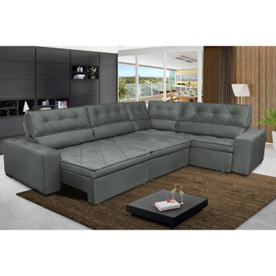 Sofa de Canto Retrátil e Reclinável com Molas Cama inBox Austin 2,40m x 2,40m Suede Velusoft Cinza