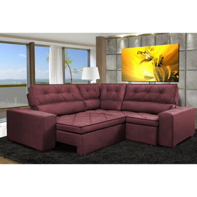 Sofá de Canto 4,80x2,36m Retrátil e Reclinável com Molas Cama inBox Platinum Esquerdo Suede Vinho