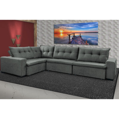Sofa de Canto Retrátil e Reclinável com Molas Cama inBox Austin 2,40m x 2,40m Suede Velusoft Cinza