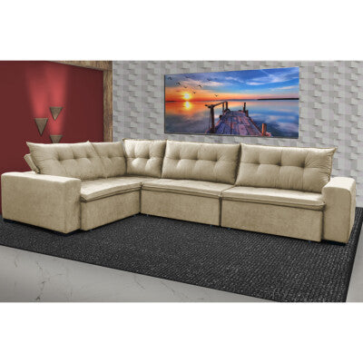 Sofa de Canto Retrátil e Reclinável com Molas Cama inBox Platinum 3,00x2,36 Tecido Suede Bege