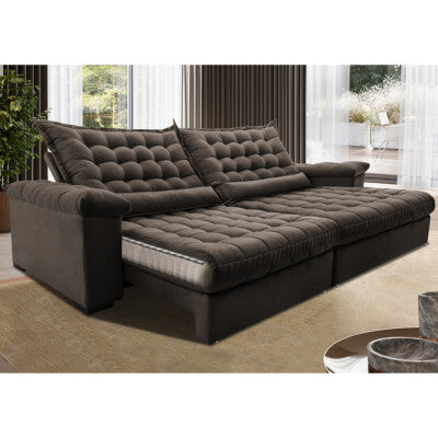 Sofá Retrátil e Reclinável 2,15m Molas Ensacadas Cama inBox Spazus com Bordado 3D Velusoft Café