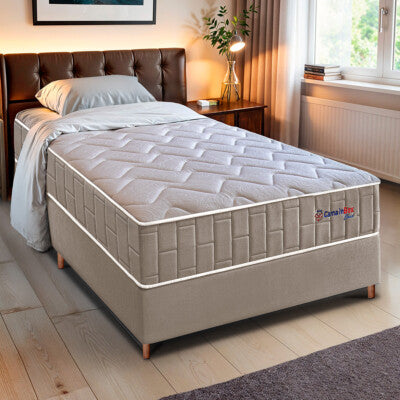 Cama Box Solteiro (Colchão + Box) 88x188x60 de Molas Ensacadas Cama inBox Smart Gold Bege