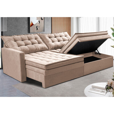 Sofá Sem Caixa Retrátil 1,80m SoftGel Celeste Velusoft Bege Cama inBox