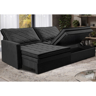 Sofá Sem Caixa Retrátil Baú 1,80m Cama inBox Secret Suede Velusoft Preto