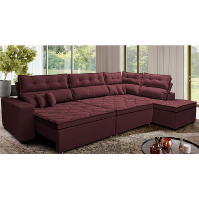 Sofá de Canto 4,80x2,36m Retrátil e Reclinável com Molas Cama inBox Platinum Esquerdo Suede Vinho