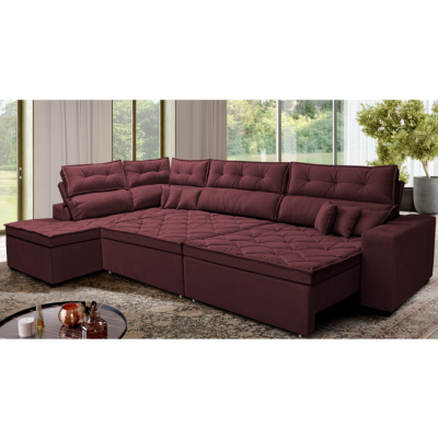 Sofá de Canto 4,80x2,36m Retrátil e Reclinável com Molas Cama inBox Platinum Esquerdo Suede Vinho