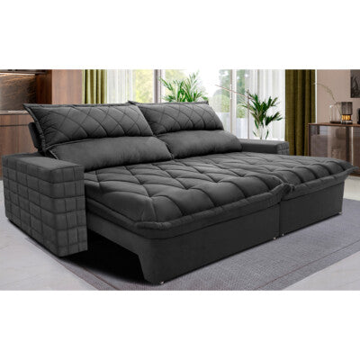 Sofá Retrátil e Reclinável 2,55m Molas Ensacadas Cama inBox Big Space com Bordado 3D Velusoft Cinza