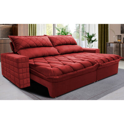 Sofá Sem Caixa Retrátil Reclinável 2,35m Cama inBox Versátil com Pillow Top e Molas Velusoft Vermelho
