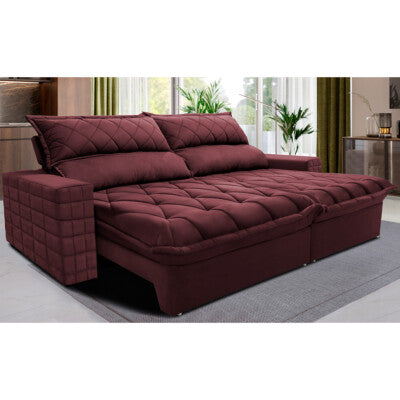 Sofá Retrátil e Reclinável 3,15m Molas Ensacadas Cama inBox Spazus com Bordado 3D Velusoft Vinho