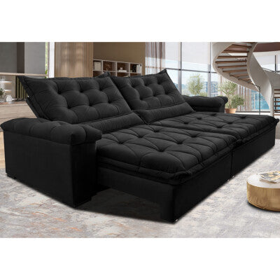 Sofá Retrátil e Reclinável 2,95m Molas Ensacadas Cama inBox Spazus com Bordado 3D Velusoft Preto