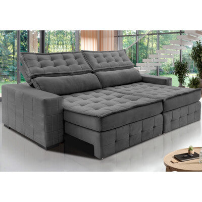 Sofá Retrátil e Reclinável 2,15m Molas Ensacadas Cama inBox Spazus com Bordado 3D Velusoft Cinza
