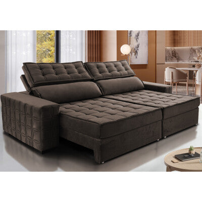 Sofá Retrátil e Reclinável 2,15m Molas Ensacadas Cama inBox Spazus com Bordado 3D Velusoft Café