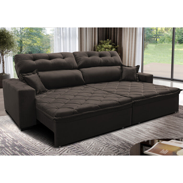 Sofá 2,02m Retrátil e Reclinável com Molas Cama inBox Confort Tecido Suede Velusoft Café