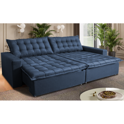 Sofá Sem Caixa Retrátil Reclinável 2,75m Cama inBox Versátil com Pillow Top e Molas Velusoft Azul