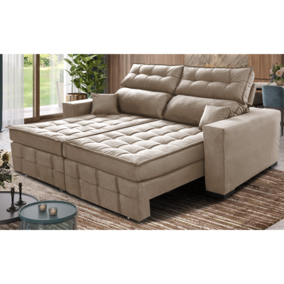 Sofá Sem Caixa Retrátil e Reclinável 1,55m Cama inBox Versátil Suede Velusoft Bege