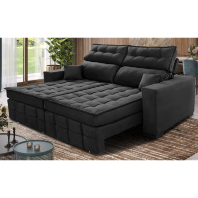 Sofá Sem Caixa Retrátil e Reclinável 1,95m Cama inBox Versátil Suede Velusoft Preto