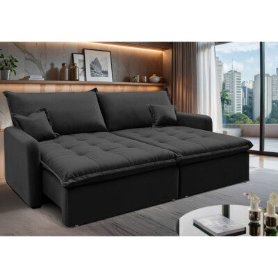 Sofá Sem Caixa Retrátil 1,80m SoftGel Celeste Velusoft Preto Cama inBox
