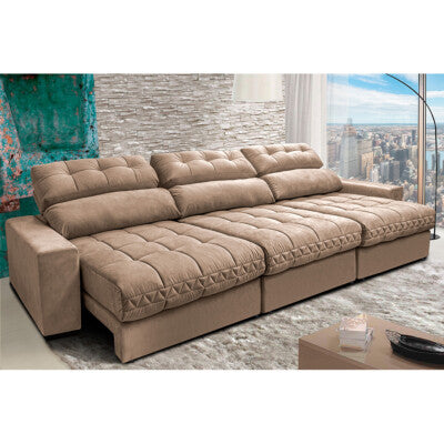Sofá Retrátil e Reclinável com Molas Ensacadas Cama inBox Master 2,92m Tecido Suede Bege