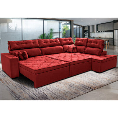 Sofa de Canto Retrátil e Reclinável com Molas Cama inBox Austin 3,65X2,54 ou 2,54X3,65 Suede Velusoft Vermelho