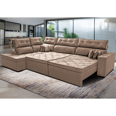 Sofa de Canto Retrátil e Reclinável com Molas Cama inBox Platinum 3,00x2,36 Tecido Suede Bege