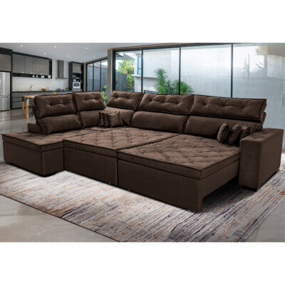 Sofa de Canto Retrátil e Reclinável com Molas Cama inBox Austin 2,50m x 2,50m Suede Velusoft Café