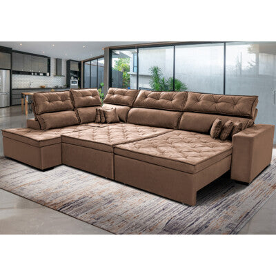 Sofa de Canto Retrátil e Reclinável com Molas Cama inBox Austin 2,50m x 2,50m Suede Velusoft Castor