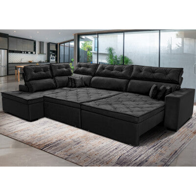 Sofá de Canto 2,60x2,36m Retrátil e Reclinável com Molas Cama inBox Platinum Esquerdo Suede Preto