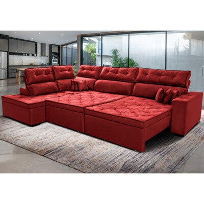 Sofa de Canto Retrátil e Reclinável com Molas Cama inBox Austin 2,40m x 2,40m Suede Velusoft Vermelho