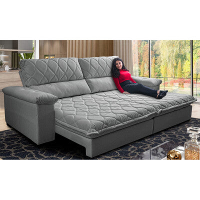 Sofá Retrátil e Reclinável 2,15m Molas Ensacadas Cama inBox Spazus com Bordado 3D Velusoft Cinza