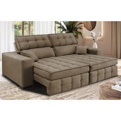 Sofá Sem Caixa Retrátil e Reclinável 1,95m Cama inBox Versátil Suede Velusoft Castor
