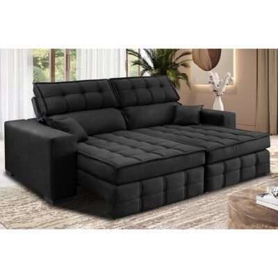 Sofá Sem Caixa Retrátil e Reclinável 1,95m Cama inBox Versátil Suede Velusoft Preto