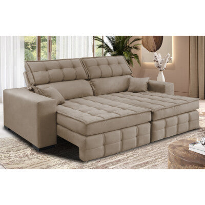 Sofá Sem Caixa Retrátil e Reclinável 1,55m Cama inBox Versátil Suede Velusoft Bege