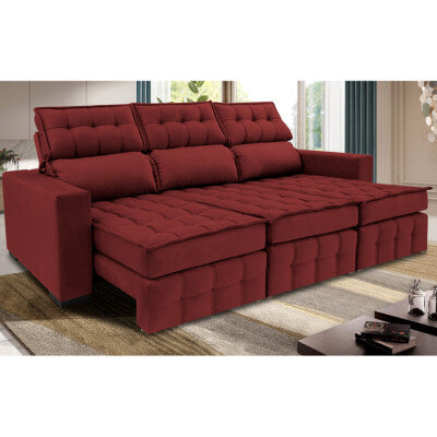 Sofá Sem Caixa Retrátil Reclinável 2,55m Cama inBox Versátil com Pillow Top e Molas Velusoft Vermelho