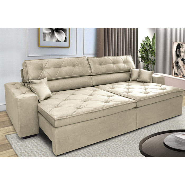 Sofá Retrátil e Reclinável 2,12m com Molas Cama inBox Estilo Suede Velusoft Bege
