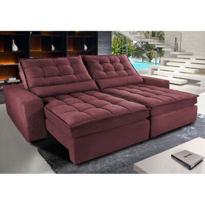Sofá Retrátil e Reclinável 3,15m Molas Ensacadas Cama inBox Spazus com Bordado 3D Velusoft Vinho