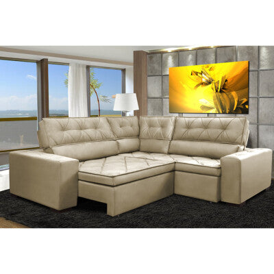 Sofa de Canto Retrátil e Reclinável com Molas Cama inBox Platinum 3,00x2,36 Tecido Suede Bege