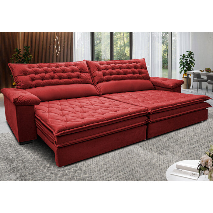 Sofá Retrátil, Reclinável Molas Ensacada Cama inBox Botonê 2,12m com Camada Soft Premium Velusoft Vermelho