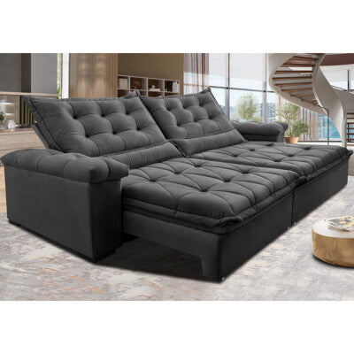 Sofá Retrátil e Reclinável 2,35m Molas Ensacadas Cama inBox Big Space com Bordado 3D Velusoft Cinza