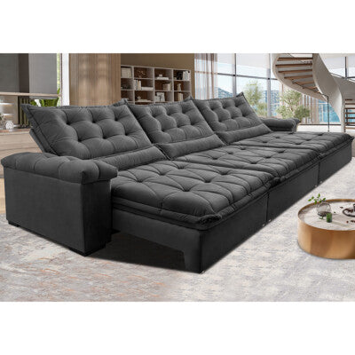 Sofá Retrátil e Reclinável 3,55m Molas Ensacadas Cama inBox Big Space com Bordado 3D Velusoft Cinza