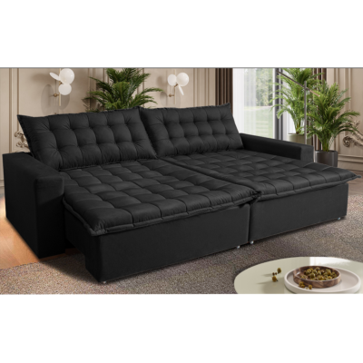 Sofá Sem Caixa Retrátil Reclinável 2,95m Cama inBox Versátil com Pillow Top e Molas Velusoft Preto