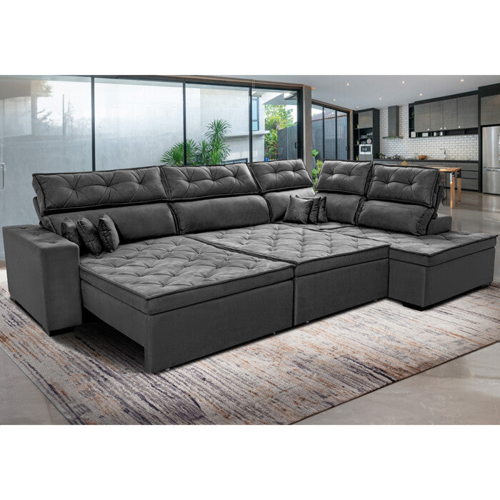 Sofa de Canto Retrátil e Reclinável com Molas Cama inBox Platinum 3,40x2,36 Tecido Suede Cinza