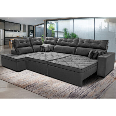 Sofa de Canto Retrátil e Reclinável com Molas Cama inBox Austin 2,40m x 2,40m Suede Velusoft Cinza