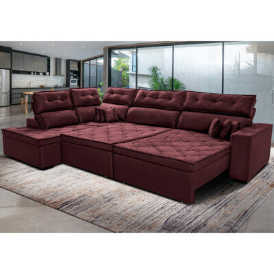 Sofa de Canto Retrátil e Reclinável com Molas Cama inBox Austin 2,60m x 2,60m Suede Velusoft Vinho